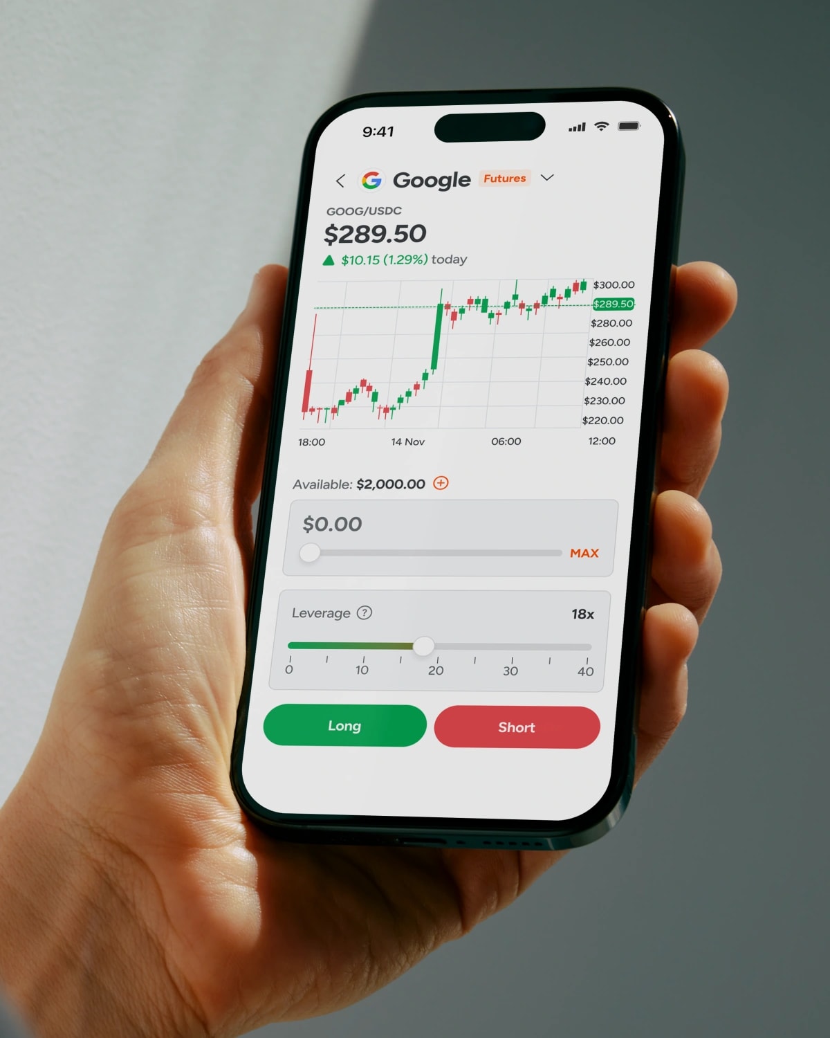 HelloTrade Perpetual Futures — a perpetual futures ticket with leverage controls on an iPhone